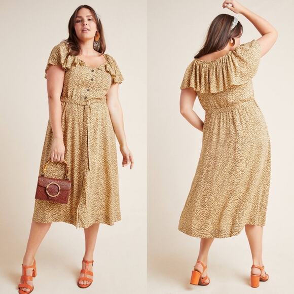 Anthropologie Cheetah Leopard Animal Printed Ruffle Button Front Midi Dress 0 - Picture 1 of 9